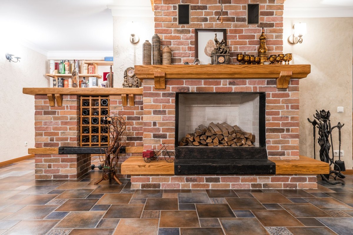 Brick wood-burning fireplace in a Anchorage, AK home