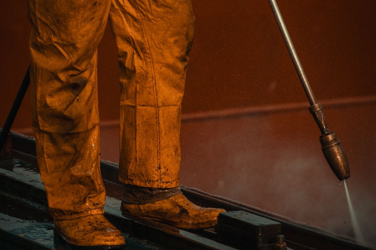 A worker using a high-pressure water jet in Anchorage, AK