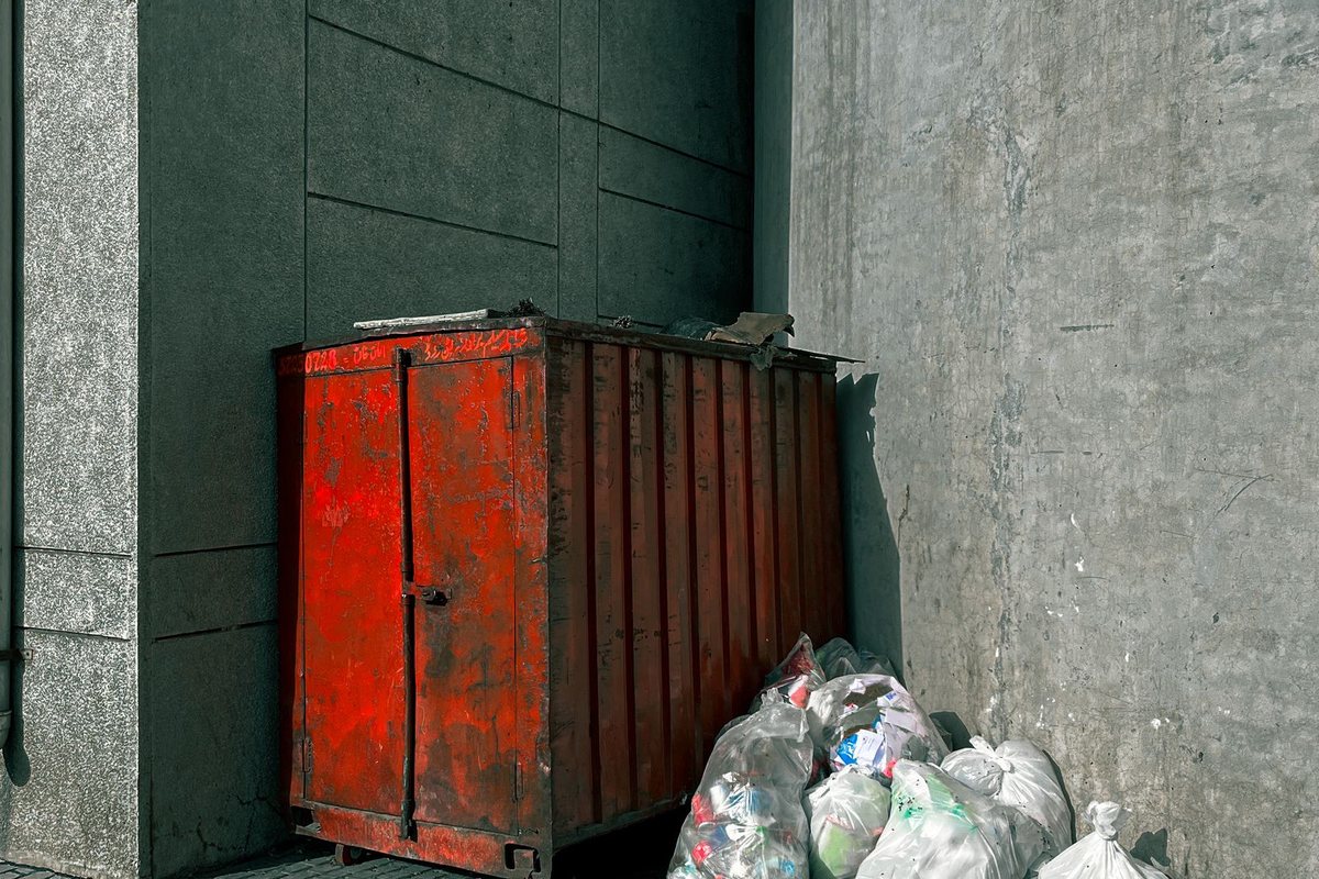 Waste container with bagged refuse set out for collection