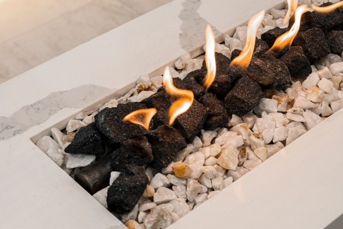 Modern gas fireplace with flames in a Anchorage home