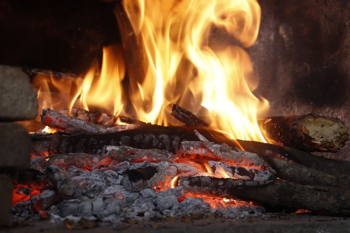 Wood-burning fireplace with a real fire and logs