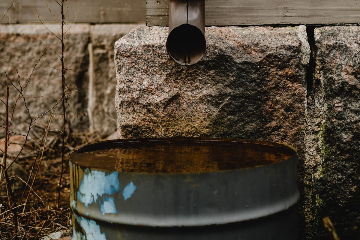 A downspout draining rainwater beside a building wall