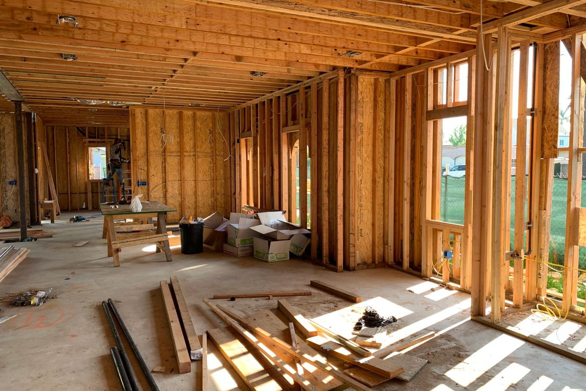 Framed interior of a Anchorage home being prepared for insulation