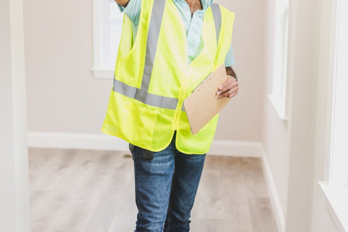Inspector in a safety vest with a clipboard inside a Anchorage, AK home