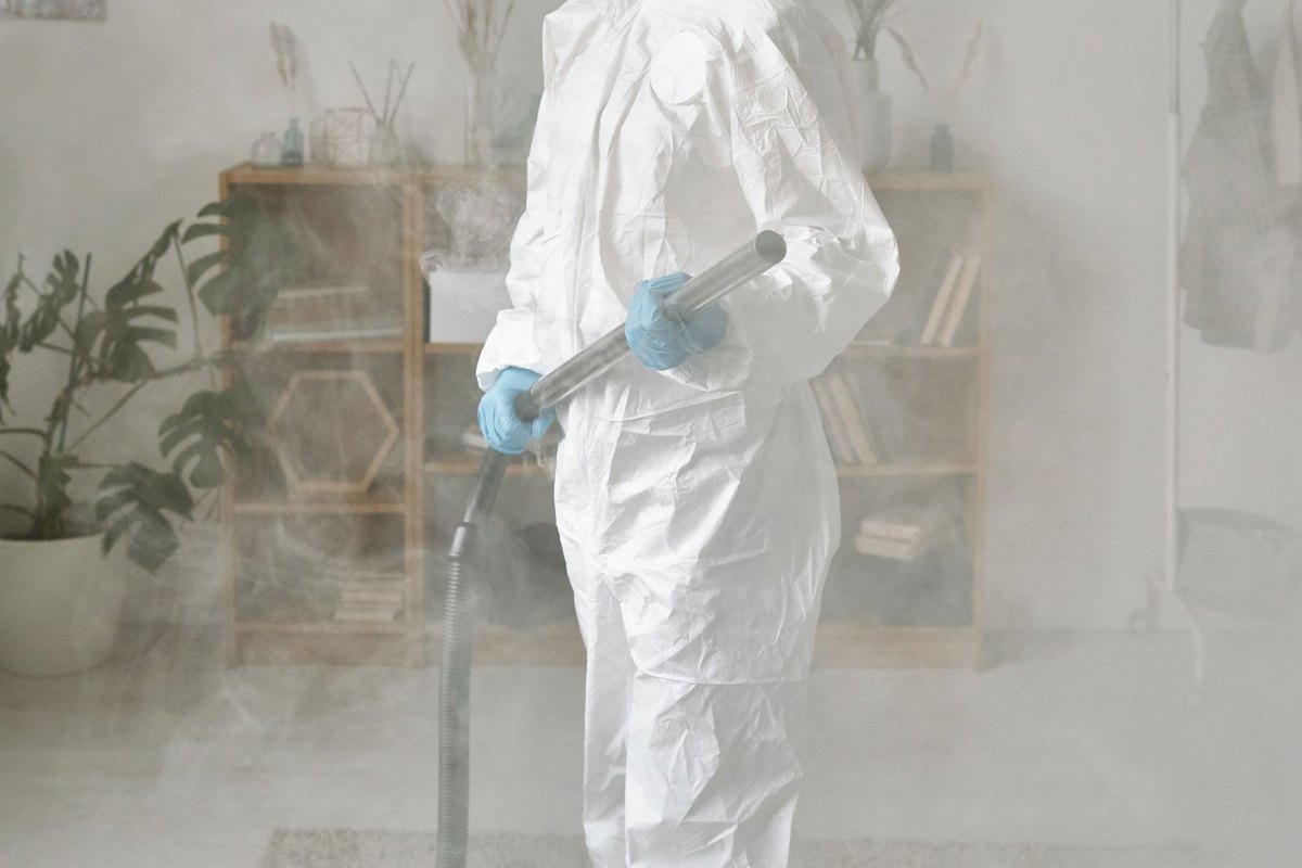 Worker in a protective suit and respirator treating an interior space in Anchorage, AK