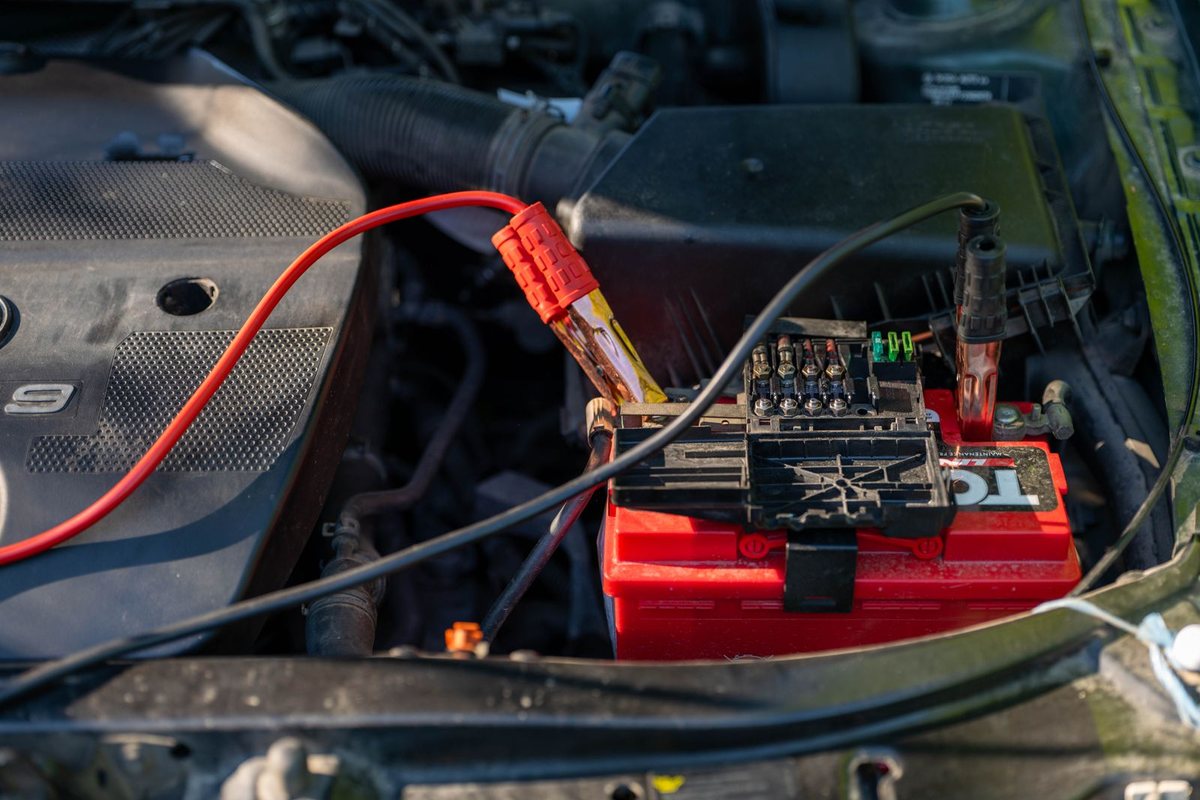 A battery with connection cables attached