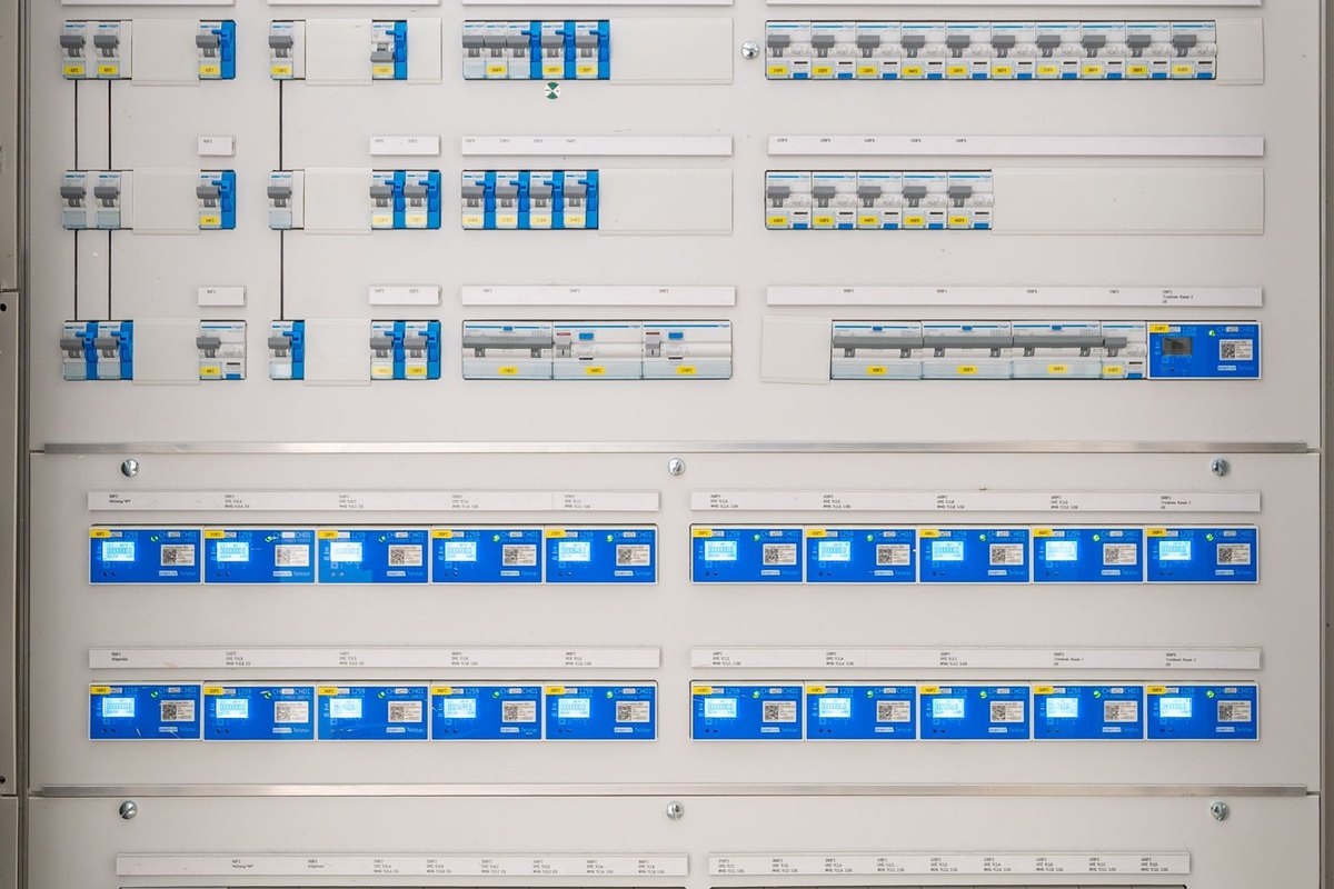 Electrical panel with rows of circuit breakers
